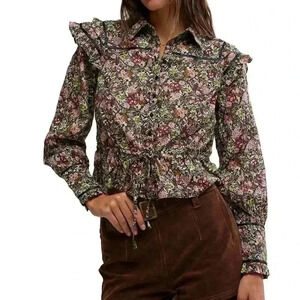 NWT Free People Daybreak Floral Print Point Collar Neck Long Sleeve Button SizeM